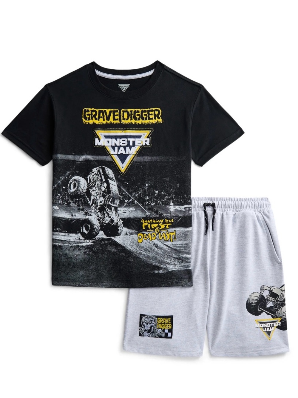 Monster Jam Grave Digger Boys 10/12 Tee Shorts Set Black Gray NWT